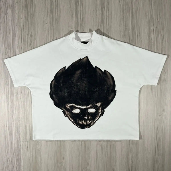oversized y2k t-shirt with retro cartoon glitch and drip elements