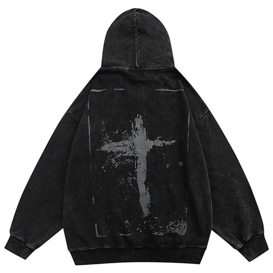 Oversized vintage hoodie with gothic and Y2K graphic design, relaxed streetwear silhouette, and retro urban aesthetic built for daily wear and layered outfits. Color: Black Size: S.