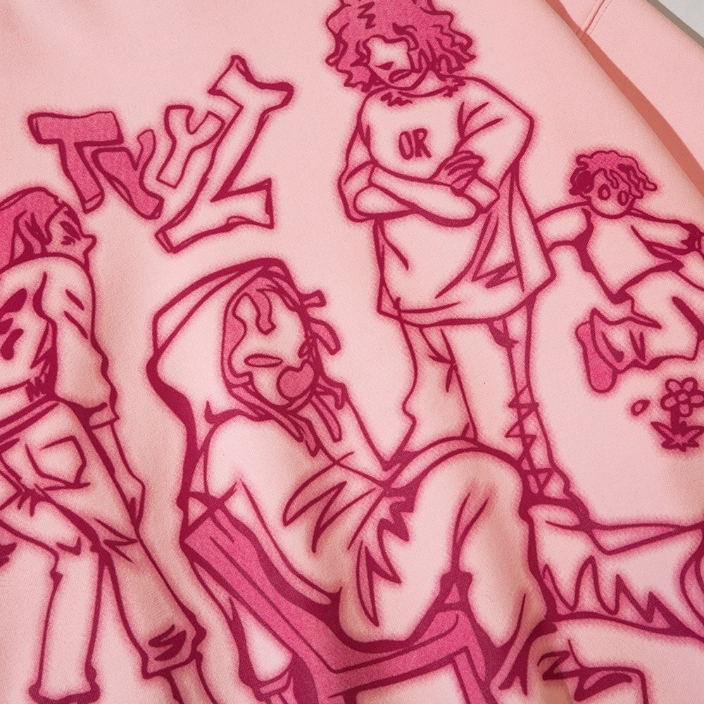 Streetwear hoodie featuring vaporwave futuristic prints and grunge influence, soft feel and easy drape, designed for expressive alternative looks and comfort.