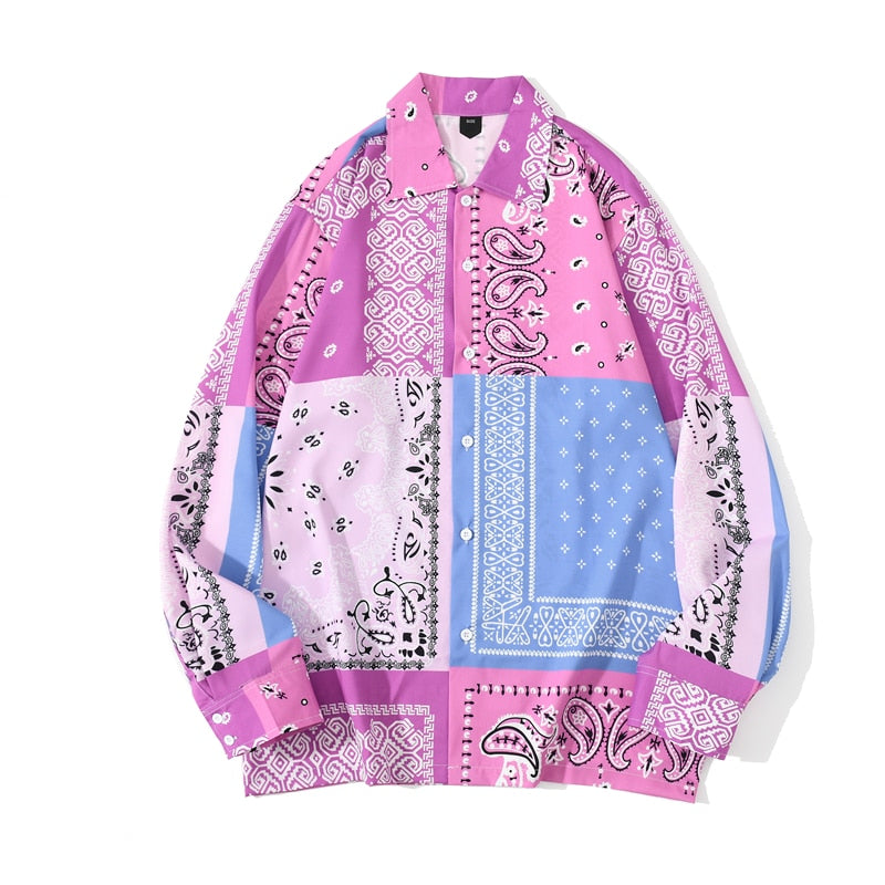"Blue Pink Bandana" Unisex Men Women Streetwear Button Shirt