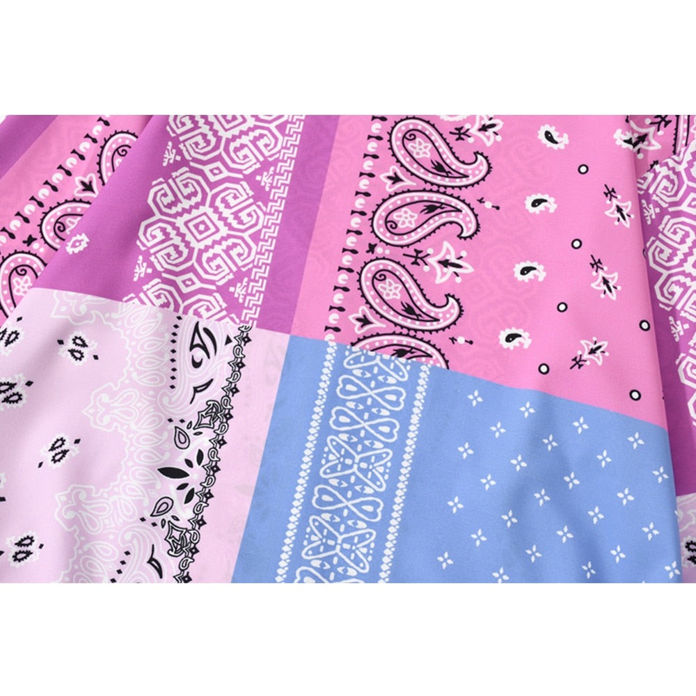 "Blue Pink Bandana" Unisex Men Women Streetwear Button Shirt