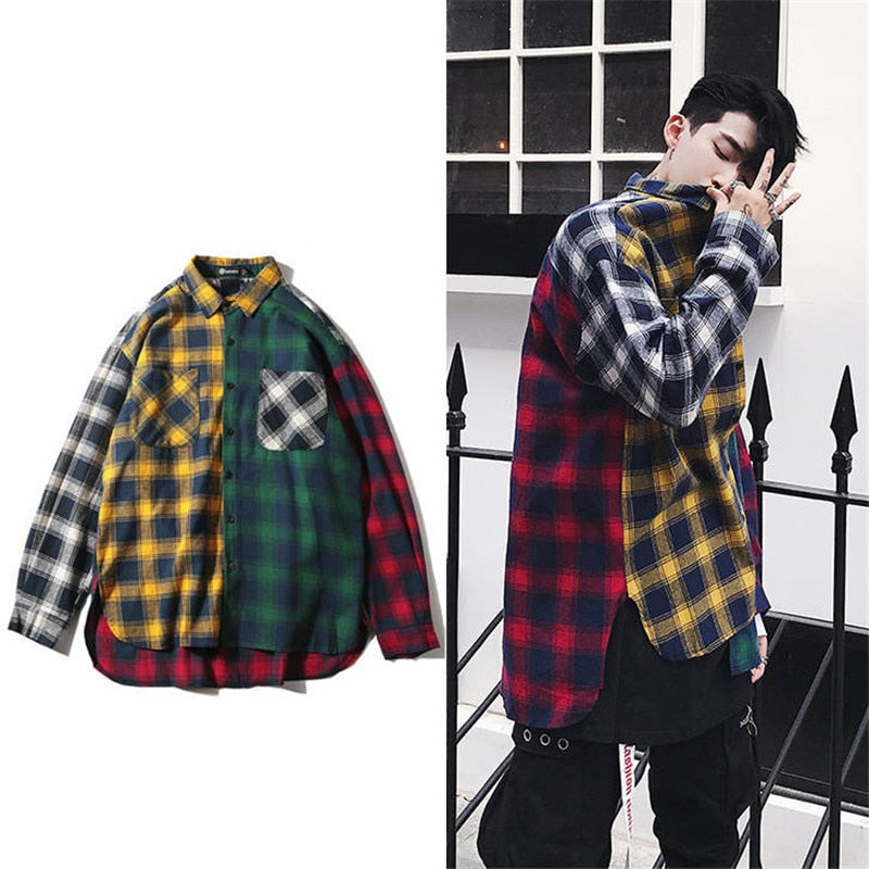 "Plaid Cuts" Graphic Unisex Streetwear Vintage Women Men Y2K Button Up Shirt