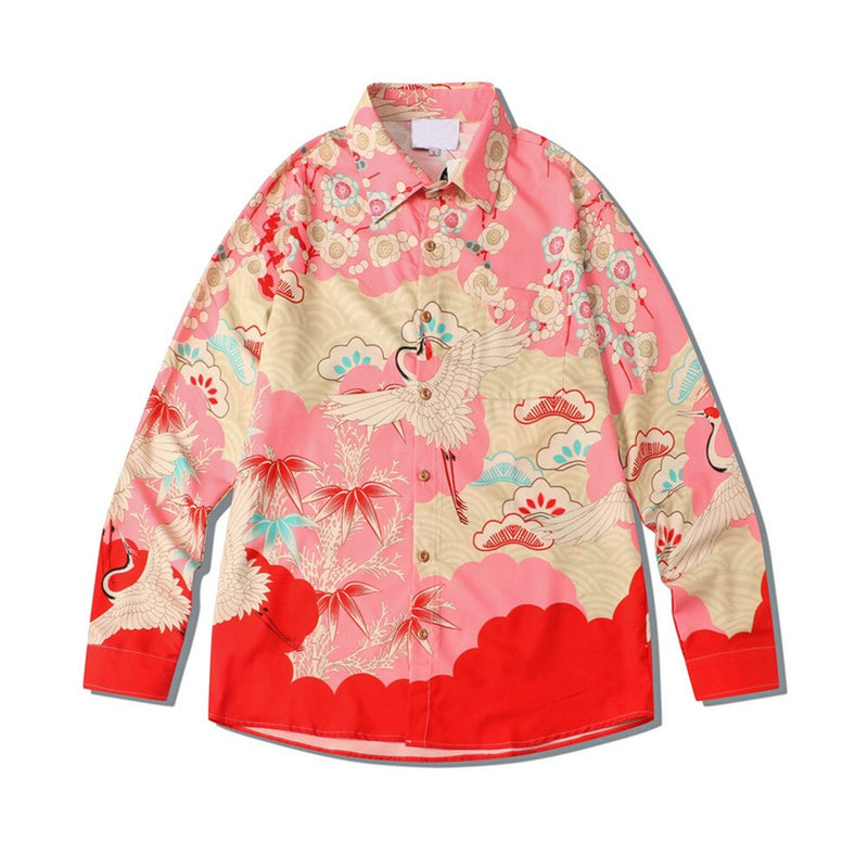 "Red Crane" Graphic Unisex Streetwear Vintage Women Men Y2K Button Up Shirt