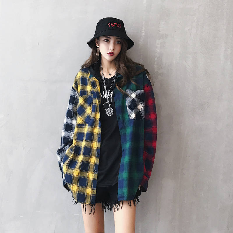 "Plaid Cuts" Graphic Unisex Streetwear Vintage Women Men Y2K Button Up Shirt