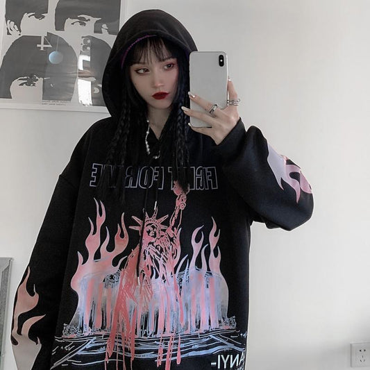 "Purple Flame" Graphic Unisex Streetwear Vintage Women Men Y2K Hoodie