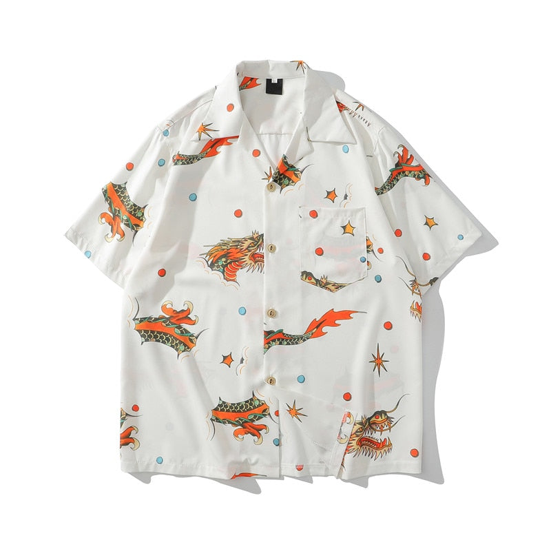 "Red Dragon" Graphic Unisex Streetwear Vintage Women Men Y2K Button Shirt