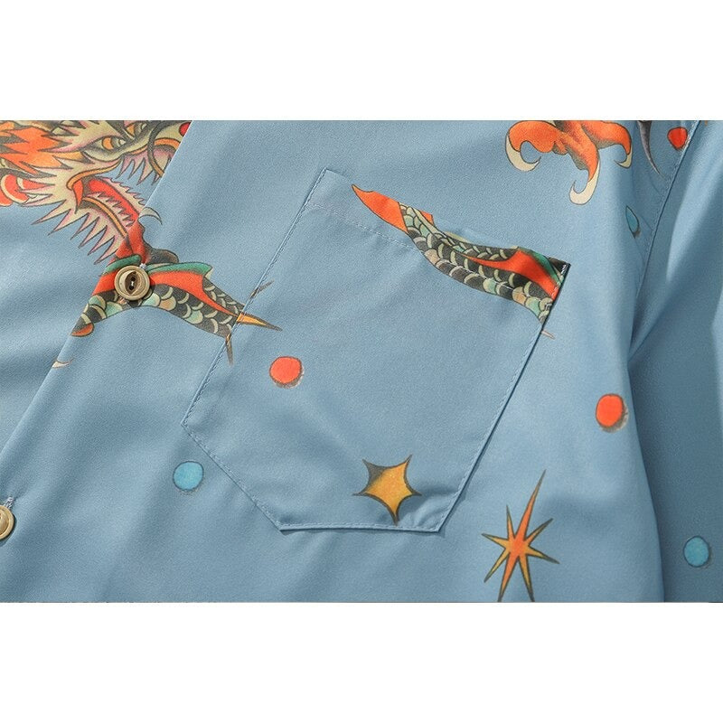"Red Dragon" Graphic Unisex Streetwear Vintage Women Men Y2K Button Shirt