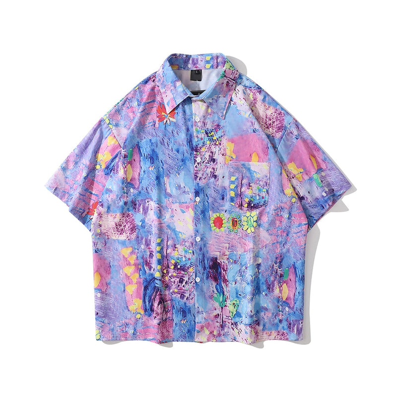 "Purple Rainbow" Graphic Unisex Streetwear Vintage Women Men Y2K Button Shirt