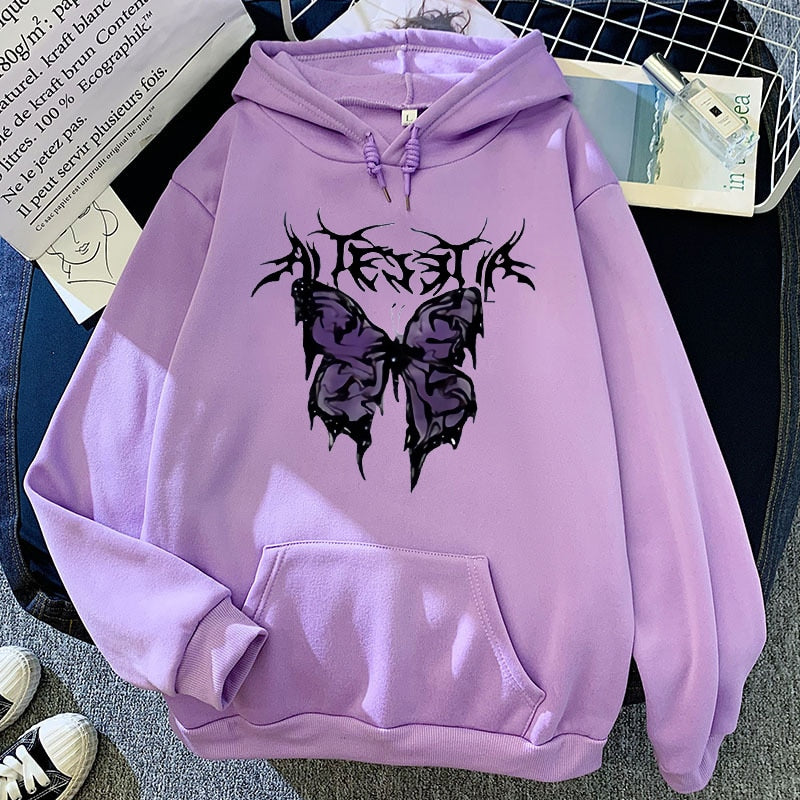 Streetwear hoodie featuring vaporwave futuristic prints and grunge influence, soft feel and easy drape, designed for expressive alternative looks and comfort.