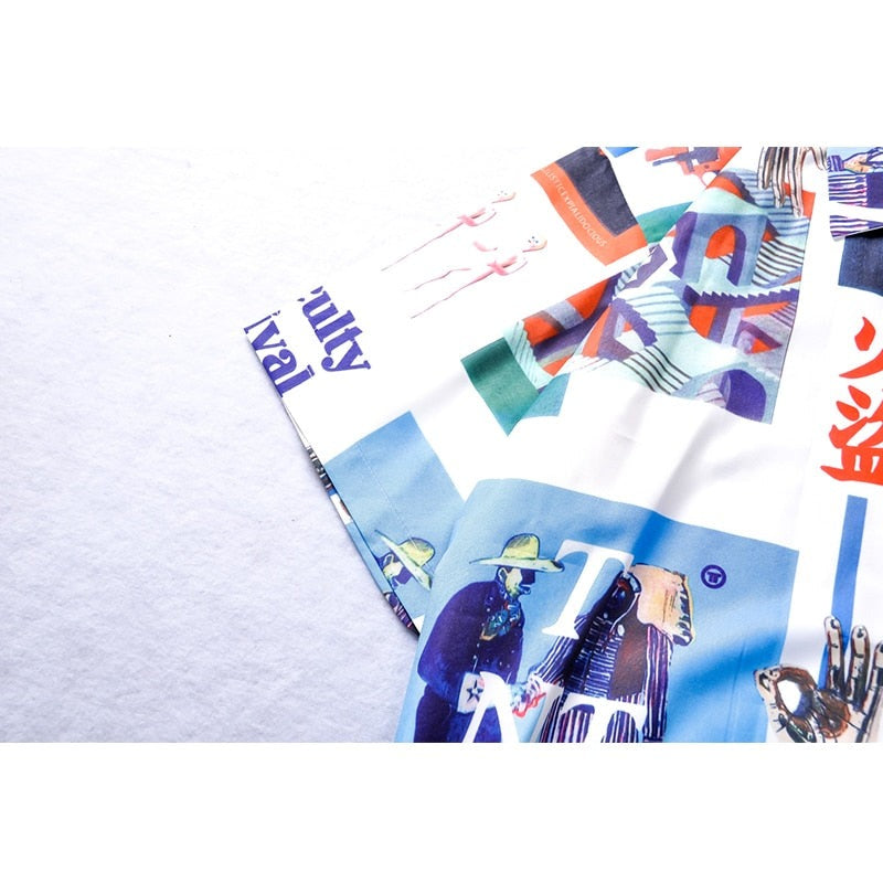 "Retro Blue" Graphic Unisex Streetwear Vintage Women Men Y2K Button Shirt