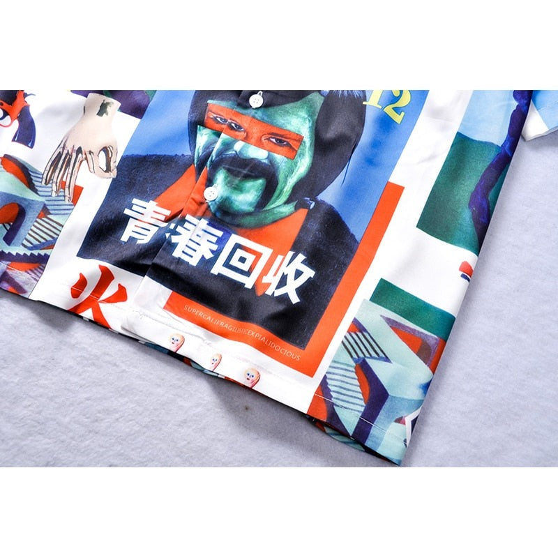 "Retro Blue" Graphic Unisex Streetwear Vintage Women Men Y2K Button Shirt