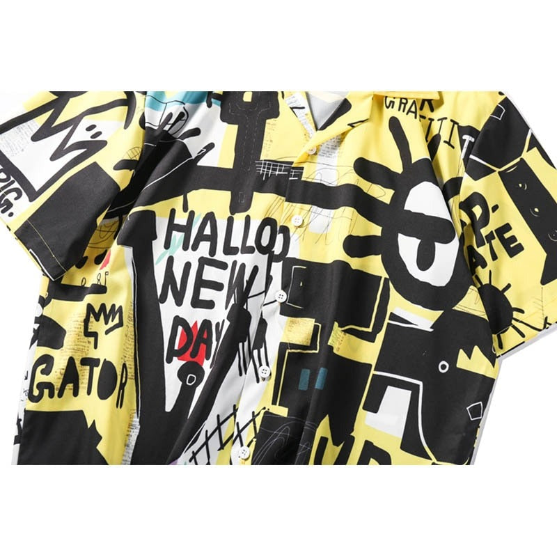 "Retro Style Graffiti" Graphic Unisex Streetwear Vintage Women Men Y2K Button Shirt