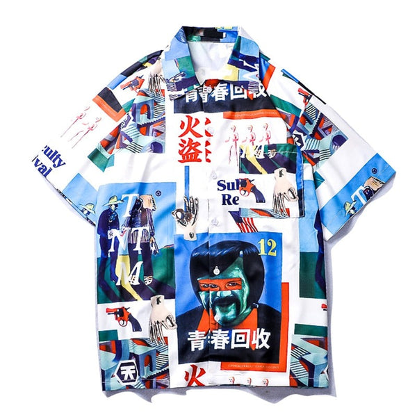 "Retro Blue" Graphic Unisex Streetwear Vintage Women Men Y2K Button Shirt