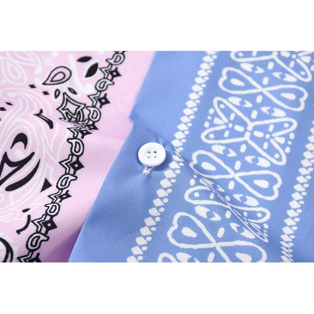 "Blue Pink Bandana" Unisex Men Women Streetwear Button Shirt