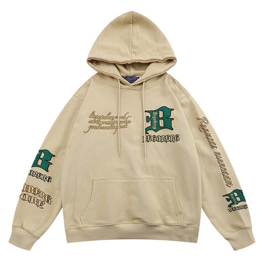 Streetwear hoodie featuring vaporwave futuristic prints and grunge influence, soft feel and easy drape, designed for expressive alternative looks and comfort. Color: Khaki Size: S.