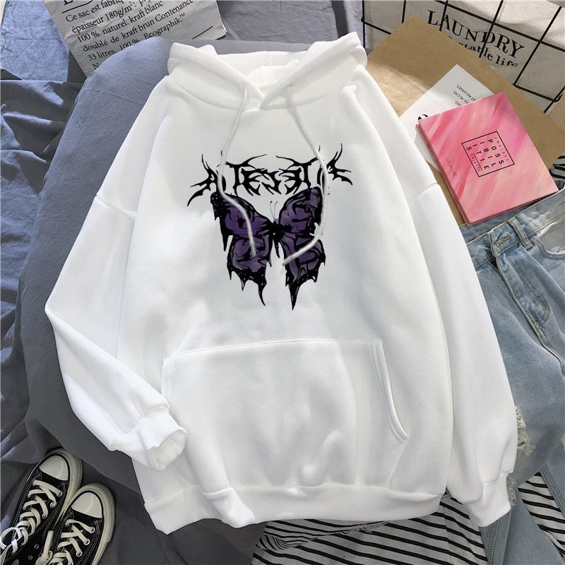 Streetwear hoodie featuring vaporwave futuristic prints and grunge influence, soft feel and easy drape, designed for expressive alternative looks and comfort.