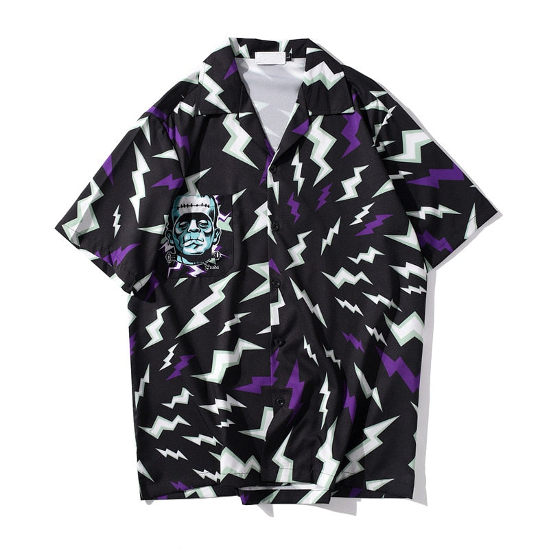 "Space Print" Graphic Unisex Streetwear Vintage Women Men Y2K Button Shirt