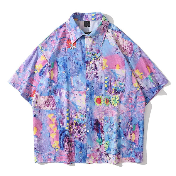 "Purple Rainbow" Graphic Unisex Streetwear Vintage Women Men Y2K Button Shirt