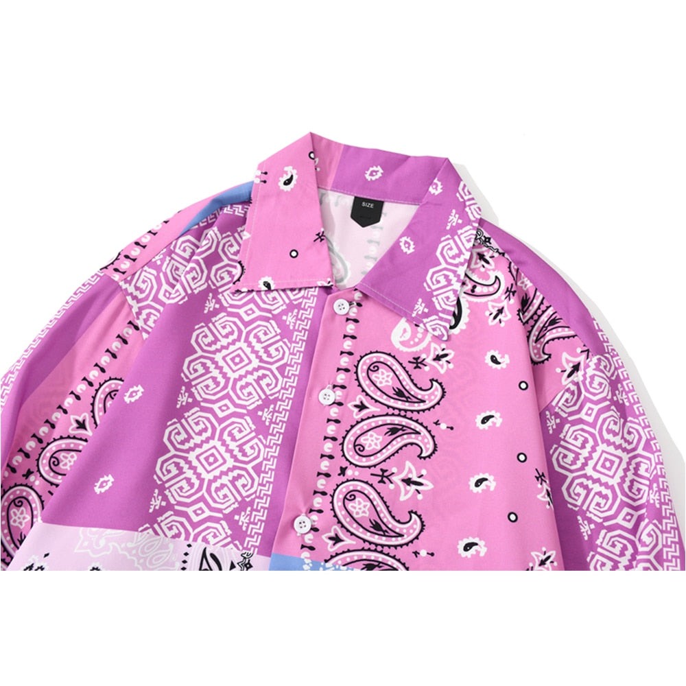 "Blue Pink Bandana" Unisex Men Women Streetwear Button Shirt