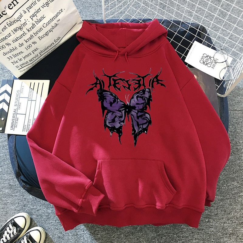 Streetwear hoodie featuring vaporwave futuristic prints and grunge influence, soft feel and easy drape, designed for expressive alternative looks and comfort.
