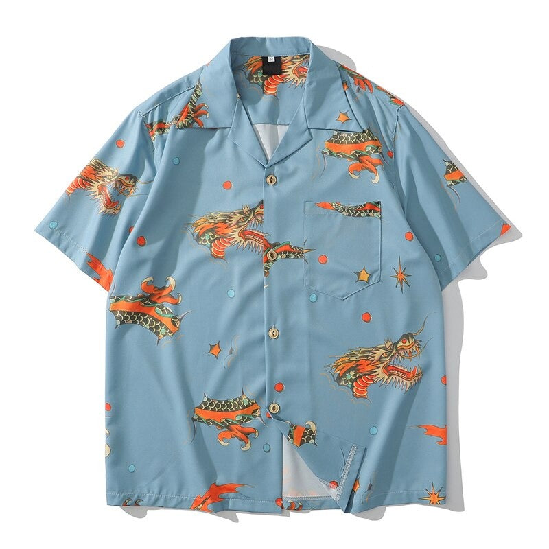 "Red Dragon" Graphic Unisex Streetwear Vintage Women Men Y2K Button Shirt