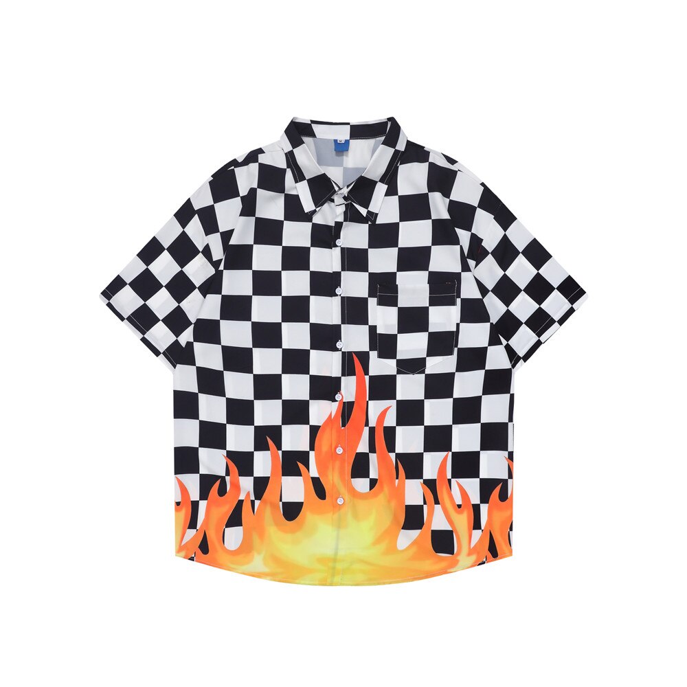 "Plaid Flame" Graphic Unisex Streetwear Vintage Women Men Y2K Button Shirt