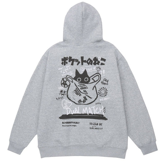 Streetwear hoodie featuring vaporwave futuristic prints and grunge influence, soft feel and easy drape, designed for expressive alternative looks and comfort. Color: Grey Size: S.