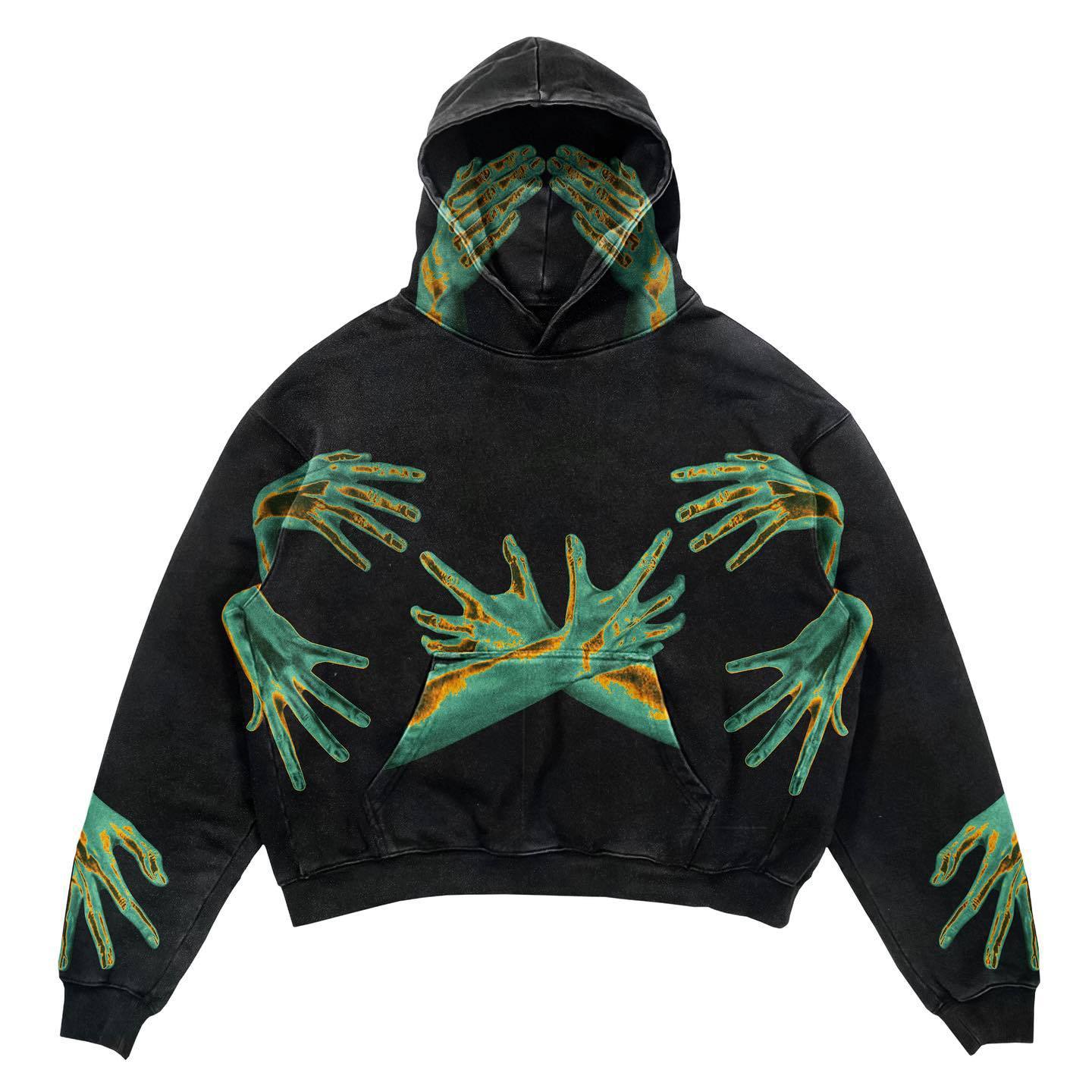 Streetwear hoodie featuring vaporwave futuristic prints and grunge influence, soft feel and easy drape, designed for expressive alternative looks and comfort.