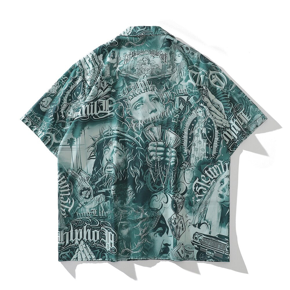 "Paisa" Graphic Unisex Streetwear Vintage Women Men Y2K Button Up Shirt