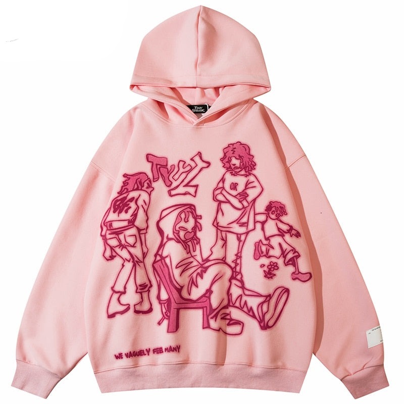 Streetwear hoodie featuring vaporwave futuristic prints and grunge influence, soft feel and easy drape, designed for expressive alternative looks and comfort. Color: Pink Size: S.