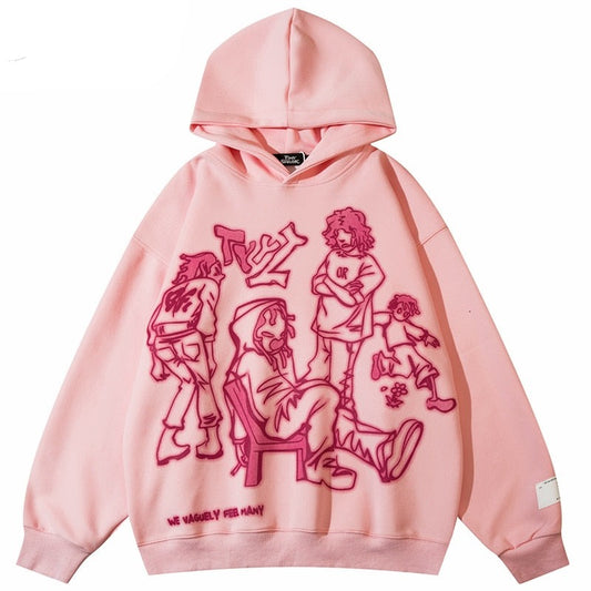 Streetwear hoodie featuring vaporwave futuristic prints and grunge influence, soft feel and easy drape, designed for expressive alternative looks and comfort. Color: Pink Size: S.