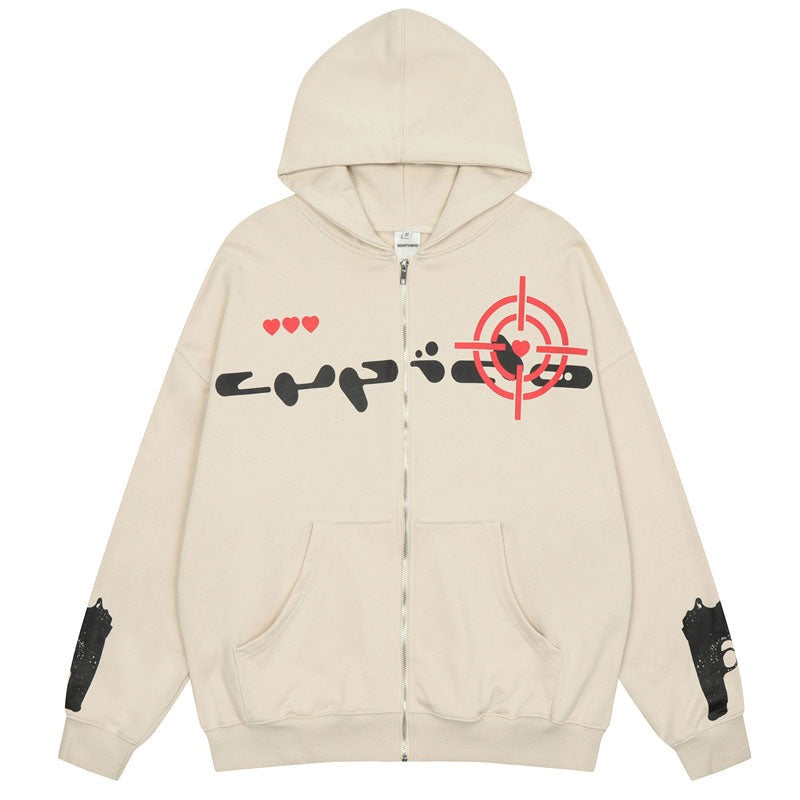 Oversized vintage hoodie with gothic and Y2K graphic design, relaxed streetwear silhouette, and retro urban aesthetic built for daily wear and layered outfits. Color: Beige Size: S.