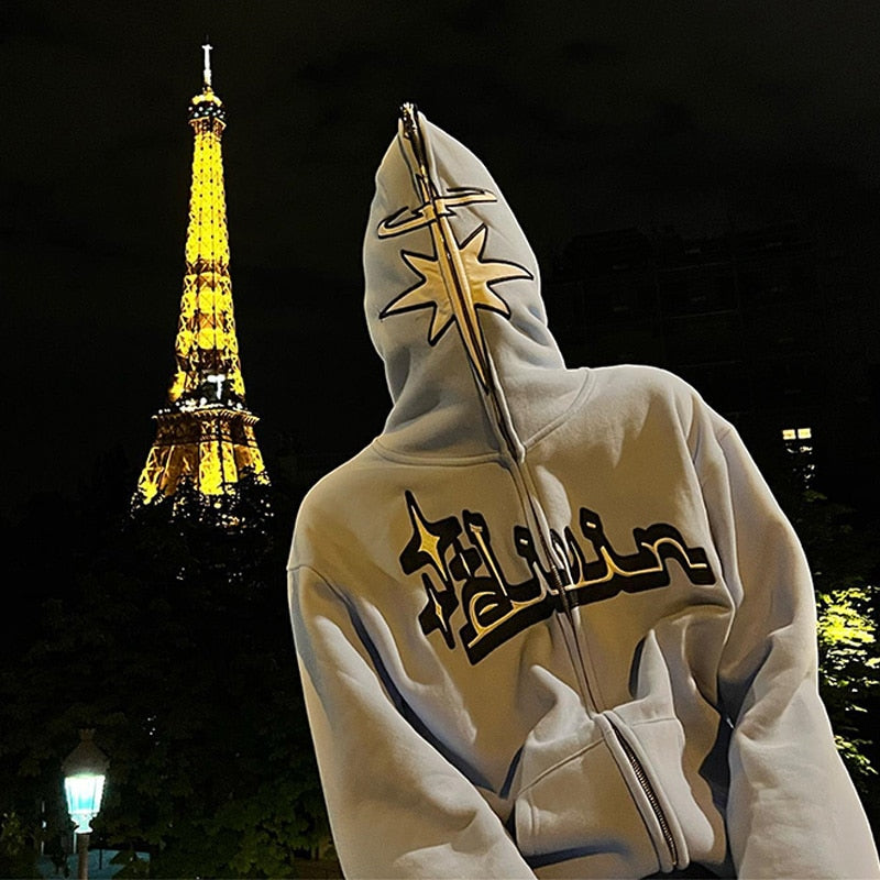 Streetwear hoodie featuring vaporwave futuristic prints and grunge influence, soft feel and easy drape, designed for expressive alternative looks and comfort. Color: Sky Blue Size: S.