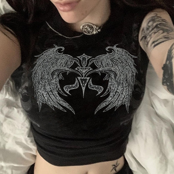 "Sliver Wings" Graphic Unisex Streetwear Vintage Women Men Y2K Aesthetic Summer Slim Gothic Vintage T-Shirt