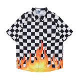 "Plaid Flame" Graphic Unisex Streetwear Vintage Women Men Y2K Button Shirt