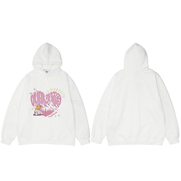 Streetwear hoodie featuring vaporwave futuristic prints and grunge influence, soft feel and easy drape, designed for expressive alternative looks and comfort.