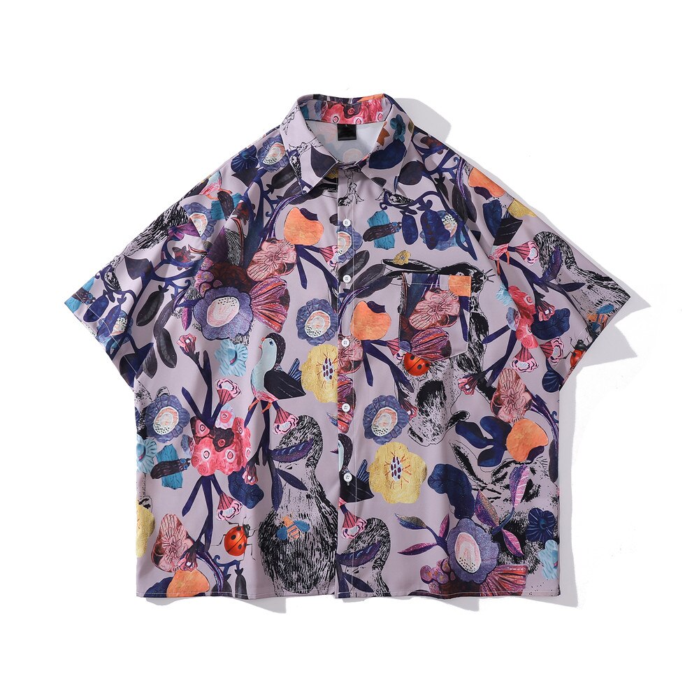 "Purple Garden" Graphic Unisex Streetwear Vintage Women Men Y2K Button Shirt