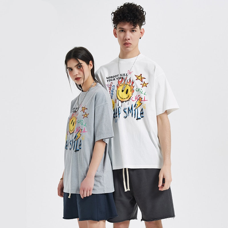 "Keep Smiling Forever" Graphic Unisex Streetwear Vintage Women Men Y2K T-Shirt