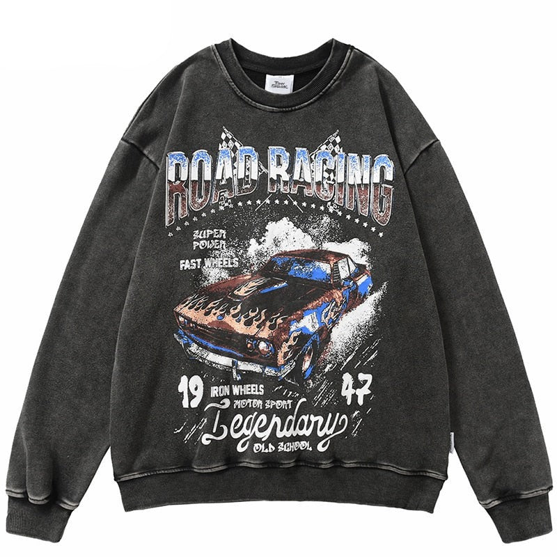 "Road Racing" Graphic Unisex Streetwear Vintage Women Men Y2K Pullover Harajuku Sweatshirt