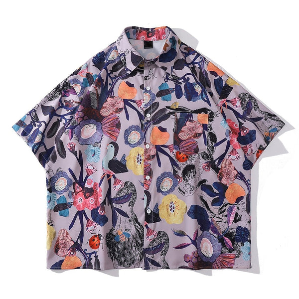 "Purple Garden" Graphic Unisex Streetwear Vintage Women Men Y2K Button Shirt