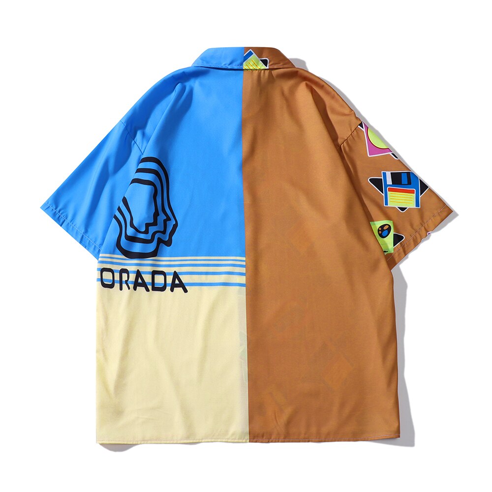 "Patchwork" Graphic Unisex Streetwear Vintage Women Men Y2K Button Shirt