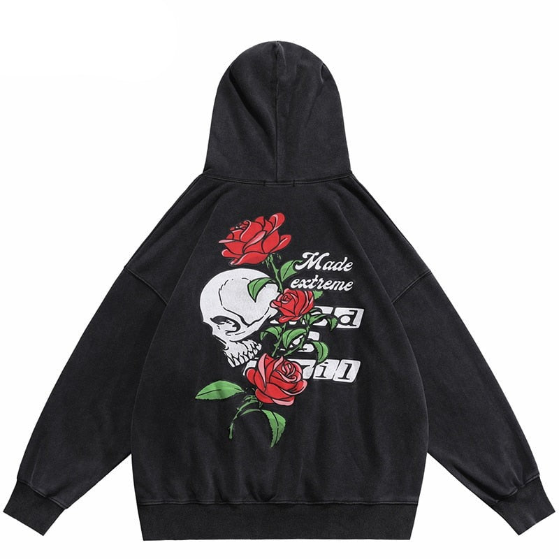 "Skull Rose" Graphic Unisex Streetwear Vintage Women Men Y2K Hoodie