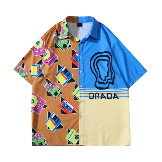 "Patchwork" Graphic Unisex Streetwear Vintage Women Men Y2K Button Shirt