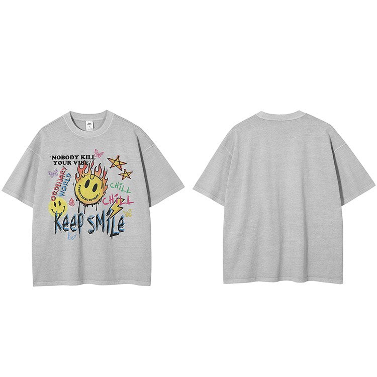 "Keep Smiling Forever" Graphic Unisex Streetwear Vintage Women Men Y2K T-Shirt