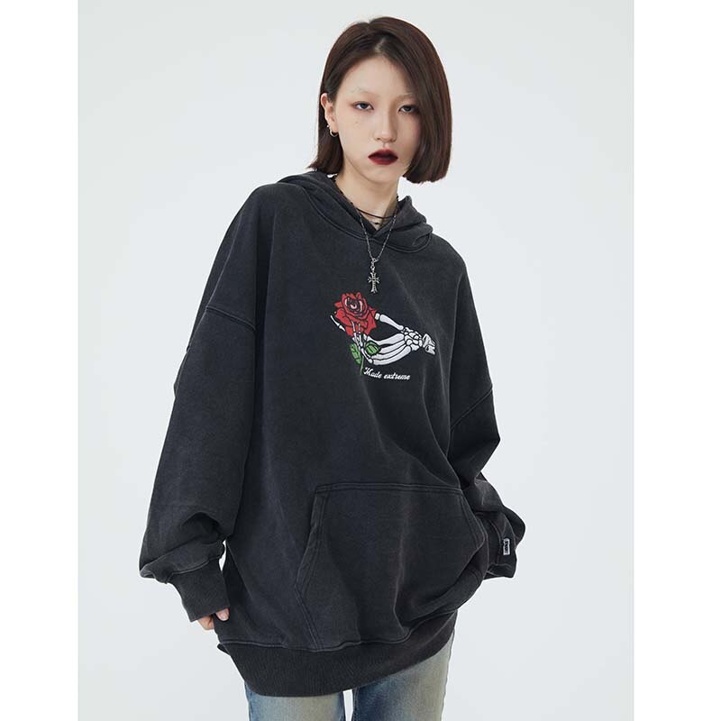 "Skull Rose" Graphic Unisex Streetwear Vintage Women Men Y2K Hoodie