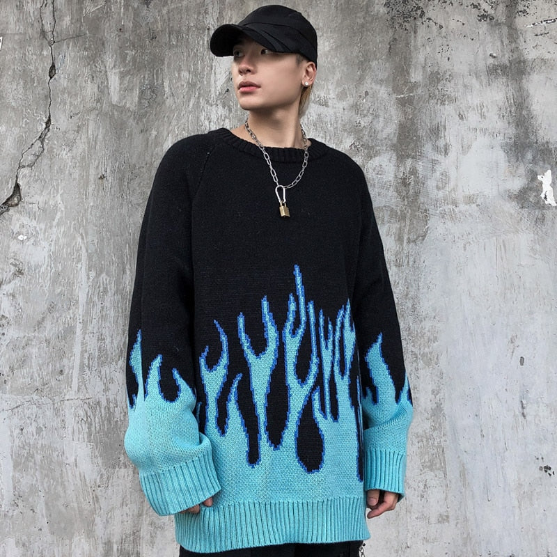 "Blue Flame" Graphic Unisex Streetwear Vintage Women Men Y2K Sweater