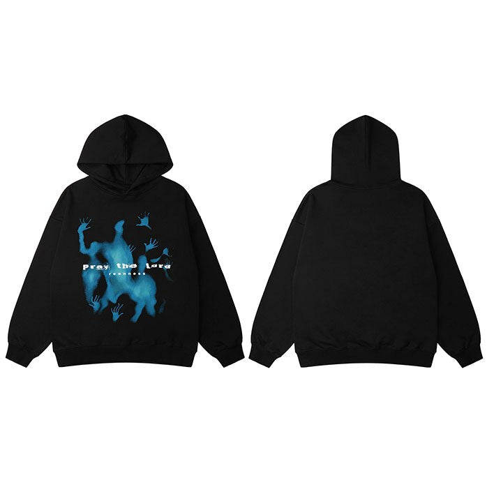 Streetwear hoodie featuring vaporwave futuristic prints and grunge influence, soft feel and easy drape, designed for expressive alternative looks and comfort.