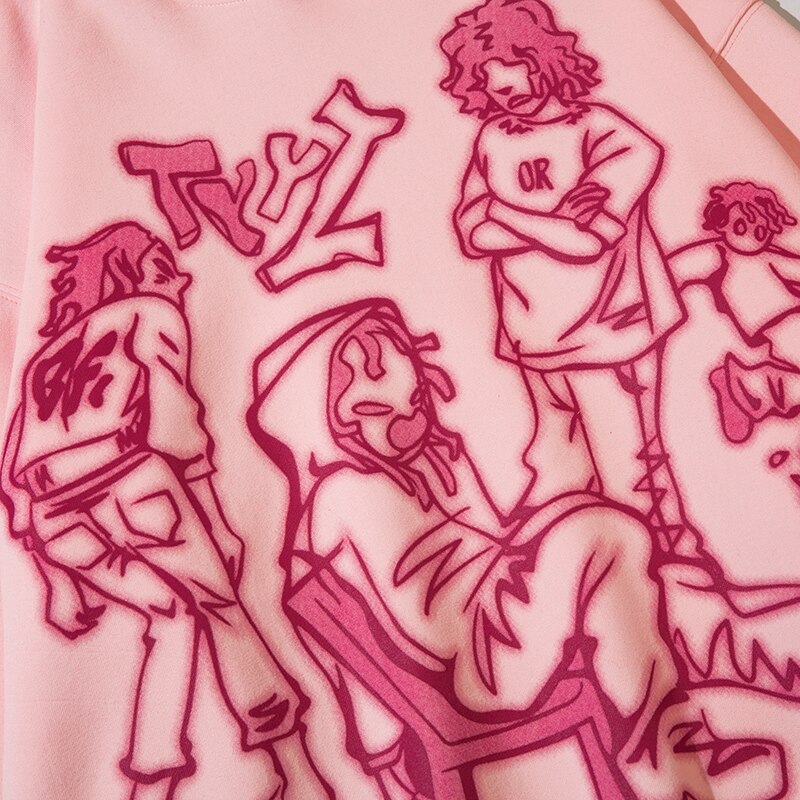 Streetwear hoodie featuring vaporwave futuristic prints and grunge influence, soft feel and easy drape, designed for expressive alternative looks and comfort.