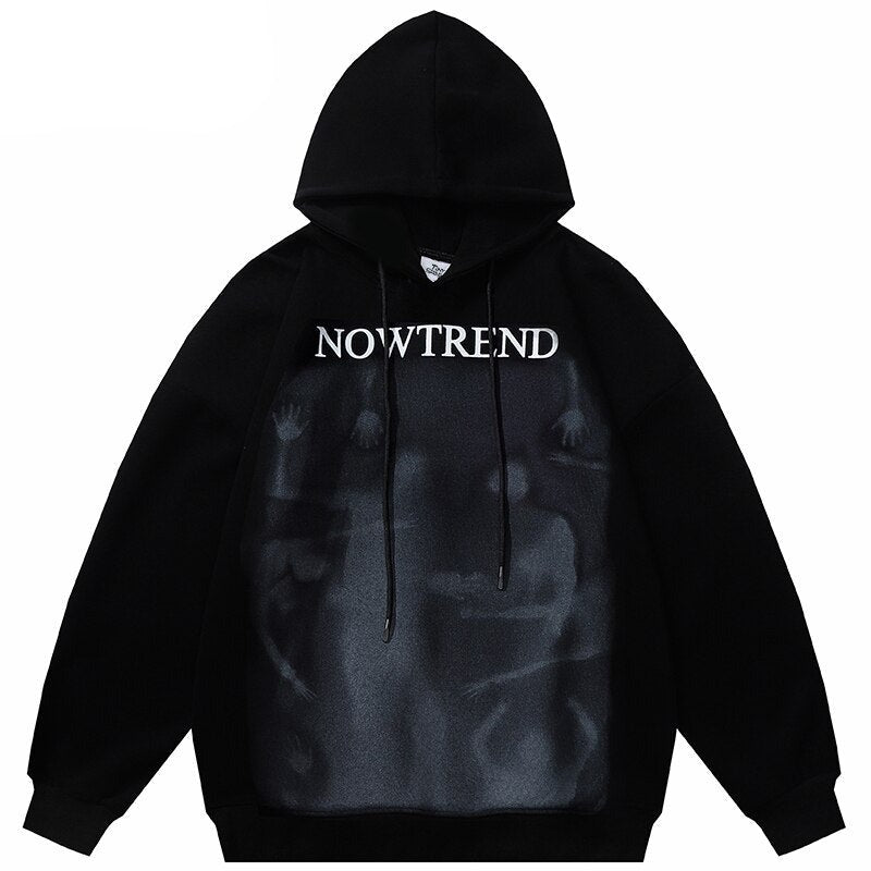 Streetwear hoodie featuring vaporwave futuristic prints and grunge influence, soft feel and easy drape, designed for expressive alternative looks and comfort.