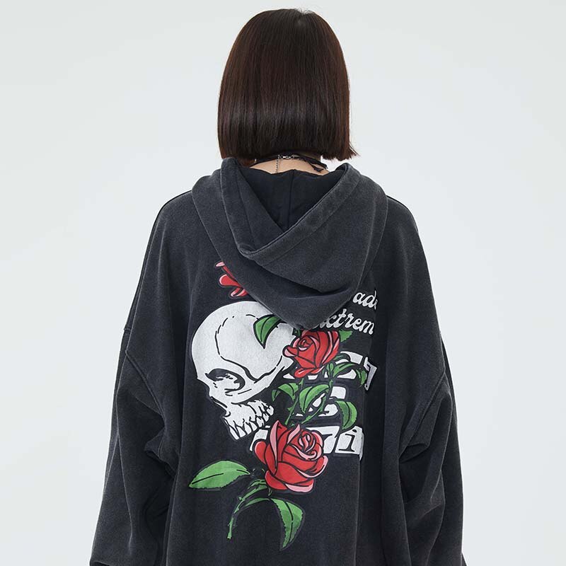 "Skull Rose" Graphic Unisex Streetwear Vintage Women Men Y2K Hoodie
